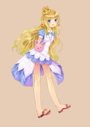 Rule 34 | 1girl, :d, arms behind back, bad id, bad pixiv id, blonde hair, blue eyes, crown, curly hair, dress, earrings, happy, highres, jewelry, legs, long hair, open mouth, original, pointy ears, rabbit, sandals, simple background, smile, solo, toes, tsubasa tsubasa