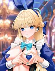 Rule 34 | 1girl, absurdres, aqua nails, blonde hair, blue archive, blue bow, blue bowtie, blue eyes, blurry, blurry background, blush, bow, bowtie, braid, breasts, chandelier, closed mouth, frills, hair bow, halo, hear (kpmf4732), heart, heart hands, heart pasties, highres, medium breasts, microphone, pasties, shrug (clothing), solo, toki (blue archive), toki (bunny) (blue archive), upper body, wing collar