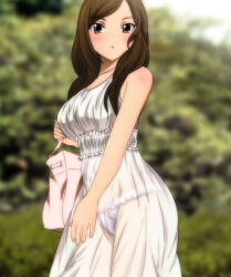Rule 34 | 1girl, :o, bag, blurry, blurry background, blush, bow, bow panties, brown hair, carrying, commentary request, cowboy shot, day, depth of field, dress, frilled panties, frills, handbag, long hair, looking at viewer, original, outdoors, panties, parted lips, red eyes, see-through, sleeveless, sleeveless dress, solo, standing, swept bangs, underwear, white dress, white panties, yadokari genpachirou