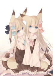 Rule 34 | 2girls, :&lt;, animal ear fluff, animal ears, barefoot, black bow, blonde hair, blue bow, blue eyes, blush, bow, brown dress, brown hair, closed mouth, collared shirt, commentary request, dress, fox ears, fox girl, fox tail, hair between eyes, hair bow, highres, kushida you, long hair, long sleeves, looking at viewer, multicolored hair, multiple girls, original, pink bow, shirt, sleeves past wrists, smile, tail, two-tone hair, very long hair, white background, white shirt, wide sleeves