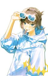 Rule 34 | 1boy, absurdres, arcobale 6, blue eyes, brown hair, coat, eyewear on head, fate/grand order, fate (series), highres, hood, hood down, hooded coat, looking at viewer, male focus, mouth hold, oberon (fate), popsicle stick, simple background, solo, sunglasses, upper body, white background, white coat