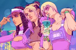 Rule 34 | 3girls, adjusting clothes, adjusting headwear, arm around shoulder, artist name, bad id, bad twitter id, black hair, blonde hair, blue eyes, bracelet, breasts, cleavage, cleavage cutout, clothing cutout, collarbone, crop top, cropped jacket, cup, day, double bun, dreadlocks, drinking, drinking straw, drinking straw in mouth, earrings, english text, ermes costello, ferris wheel, fishnet top, fishnets, foo fighters (jojo), green eyes, hair bun, hat, jewelry, jojo no kimyou na bouken, keep calm and carry on, kuujou jolyne, lips, long hair, looking at viewer, marion-ville, medium breasts, midriff, multicolored hair, multiple girls, outdoors, overalls, parted bangs, power lines, revision, see-through, short hair, sleeveless, star (symbol), star earrings, star print, stone ocean, sunglasses, tree, turtleneck, two-tone hair, underboob, unzipped, upper body, visor cap, wristband, zipper