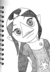 Rule 34 | 1girl, smile, arms behind back, beak, black hair, child, circlet, closed mouth, colored skin, dress, expressionless, female focus, flat color, graphite (medium), grey dress, grey eyes, head tilt, jewelry, long hair, looking at viewer, medli, monochrome, monster girl, nintendo, o den, photo (medium), pointy ears, ponytail, rito, short sleeves, sidelocks, solo, the legend of zelda, traditional media, upper body, white background, white skin