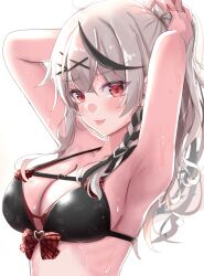 Rule 34 | 1girl, :p, arms up, ayachanman, bikini, black bikini, black hair, blush, bow, bow bikini, braid, breasts, cleavage, commentary request, grey hair, hair ornament, hololive, large breasts, looking at viewer, multicolored hair, plaid, plaid bow, ponytail, red eyes, sakamata chloe, side braid, simple background, solo, streaked hair, swimsuit, tongue, tongue out, tying hair, upper body, virtual youtuber, wet, white background, x hair ornament