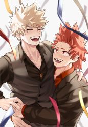 Rule 34 | 2boys, bakugou katsuki, black jacket, black shirt, black vest, blonde hair, blush, boku no hero academia, carrying, carrying person, closed eyes, collared shirt, donnaoneone, earrings, highres, jacket, jewelry, kirishima eijirou, looking at another, male focus, multiple boys, open mouth, red eyes, red hair, red shirt, sharp teeth, shirt, short hair, smile, streamers, teeth, vest