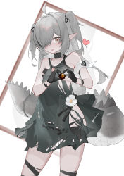 Rule 34 | 1girl, :p, absurdres, ahoge, arknights, arm strap, bare shoulders, bikini, bikini under clothes, black bikini, black choker, black dress, black gloves, black ribbon, blush, brown eyes, choker, cowboy shot, crocodilian tail, dress, gloves, grey hair, hair ribbon, heart, heart hands, highres, kele mimi, long hair, looking at viewer, official alternate costume, originite prime (arknights), partially fingerless gloves, picture frame, ribbon, scales, solo, swimsuit, tail, thigh strap, tomimi (arknights), tongue, tongue out, torn clothes, torn dress, two side up, white background