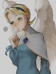 Rule 34 | 1girl, angel wings, blonde hair, breasts, breath of fire, breath of fire iv, brooch, dress, earrings, feathered wings, hairband, highres, jewelry, nina (breath of fire iv), short hair, simple background, small breasts, solo, very short hair, white wings, wings