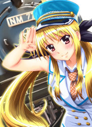 Rule 34 | 00s, 1girl, blonde hair, conductor, diesel-turbo, fate testarossa, hat, locomotive, long hair, lyrical nanoha, mahou shoujo lyrical nanoha, mahou shoujo lyrical nanoha strikers, mizuki nana, red eyes, salute, solo, steam locomotive, train, twintails, voice actor connection