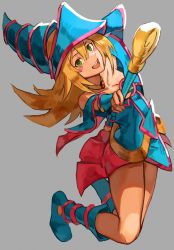 Rule 34 | 1girl, bare shoulders, blonde hair, blue footwear, blush stickers, boots, breasts, cleavage, collarbone, dark magician girl, duel monster, floating, full body, green eyes, grey background, highres, holding, holding wand, long hair, looking at viewer, nasubin (nasubisamurai15), open mouth, pink skirt, skirt, small breasts, solo, teeth, upper teeth only, wand, yu-gi-oh!