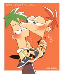 Rule 34 | 1girl, 2boys, blue eyes, brothers, child, couple, ferb fletcher, full body, green hair, inseki, long hair, male focus, multiple boys, phineas and ferb, phineas flynn, red hair, shirt, short hair, shorts, siblings, smile, step-brothers, striped clothes, striped shirt, sudako (tkb315), toon (style), yaoi