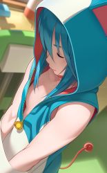 Rule 34 | 1girl, animal ears, bell, blue hair, breasts, choker, day, doraemon, doraemon (character), downblouse, closed eyes, facial mark, from side, go robots, hands in pockets, highres, hood, hoodie, indoors, no bra, personification, sideboob, sleeveless, sleeveless hoodie, small breasts, solo, tail, unzipped, whisker markings