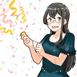 Rule 34 | 1girl, black hair, blue eyes, blue shirt, blush, commission, confetti, congratulations, glasses, hairband, highres, holding, kantai collection, long hair, ooyodo (kancolle), open mouth, semi-rimless eyewear, shirt, simple background, skeb commission, smile, solo, tamaki., upper body, white background, white hairband