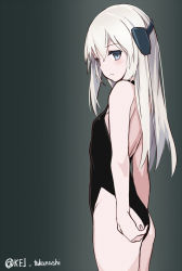Rule 34 | 10s, 1girl, ass, blonde hair, blue eyes, breasts, gradient background, kantai collection, long hair, one-piece swimsuit, one-piece thong, small breasts, solo, standing, swimsuit, takanashie, twitter username, u-511 (kancolle)