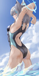 Rule 34 | absurdres, animal ear fluff, animal ears, arms behind head, ass, black one-piece swimsuit, blue archive, blue eyes, blue sky, breasts, cloud, competition swimsuit, cross hair ornament, day, extra ears, from behind, grey hair, hair ornament, halo, highres, looking at viewer, low ponytail, medium breasts, medium hair, mismatched pupils, multicolored clothes, multicolored swimsuit, one-piece swimsuit, outdoors, shiroko (blue archive), shiroko (swimsuit) (blue archive), sky, slug 1356, swimsuit, wading, water
