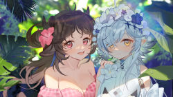 Rule 34 | 2girls, ahoge, animal ears, arknights, bahao diqiu, bikini, blue hair, blurry, blush, breasts, brown hair, cleavage, collarbone, depth of field, eyjafjalla (arknights), eyjafjalla (summer flower) (arknights), flower, hair flower, hair ornament, head wreath, highres, horns, large breasts, long hair, looking at viewer, multicolored hair, multiple girls, off-shoulder bikini, off shoulder, official alternate costume, one-piece swimsuit, open mouth, pink one-piece swimsuit, plant, portrait, red flower, sheep ears, sheep girl, sheep horns, shirt, streaked hair, sweat, swimsuit, tomimi (arknights), tomimi (silent night) (arknights), white flower, white hair, white one-piece swimsuit, white shirt, yellow eyes
