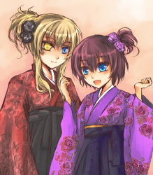 Rule 34 | 2girls, alternate hairstyle, black rose, blonde hair, blue eyes, brown hair, company connection, crossover, flower, hair flower, hair ornament, heterochromia, japanese clothes, kimono, liarsoft, lily (shiei no sona-nyl), mary clarissa christie, multiple girls, purple rose, rose, shiei no sona-nyl, shikkoku no sharnoth, short hair, sidelocks, smile, steampunk (liarsoft), suzuka (once), yellow eyes