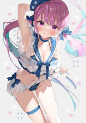 Rule 34 | 1girl, :o, arm behind back, armpits, bikini, bikini skirt, blue hair, blue hat, blue nails, blush, breasts, choker, cleavage, commentary request, frills, gaou (umaiyo puyoman), groin, hat, hololive, light blue hair, looking at viewer, medium breasts, minato aqua, multicolored hair, nail polish, navel, open mouth, pink eyes, pink hair, sailor collar, solo, swimsuit, thigh strap, twintails, two-tone hair, virtual youtuber