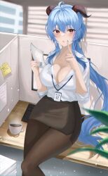 Rule 34 | 1girl, ahoge, black pantyhose, black skirt, blue hair, blue nails, blush, breasts, cleavage, coffee mug, commentary, cup, feet out of frame, ganyu (genshin impact), genshin impact, hair between eyes, hands up, highres, horns, ien (to yen), index finger raised, indoors, lanyard, large breasts, long hair, looking at viewer, miniskirt, mug, nail polish, pantyhose, parted lips, pencil skirt, shirt, sitting, skirt, solo, thighs, very long hair, white shirt