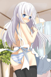 Rule 34 | 1girl, apron, aruka (alka p1), black thighhighs, blue eyes, blush, embarrassed, long hair, looking at viewer, naked apron, original, panties, silver hair, solo, striped clothes, striped panties, tears, thighhighs, underwear, wavy mouth