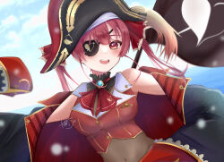 Rule 34 | 1girl, black hat, coat, hat, heterochromia, highres, hololive, houshou marine, houshou marine (1st costume), jacket, looking at viewer, open clothes, open jacket, open mouth, smile, solo, tatara 1121, two-sided coat, two-sided fabric, virtual youtuber