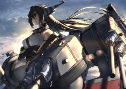 Rule 34 | 10s, 1girl, arm guards, armlet, backlighting, bare shoulders, black hair, brown eyes, cannon, choker, commentary request, crossed arms, elbow gloves, expressionless, fingerless gloves, gloves, hair between eyes, headgear, highres, kantai collection, machinery, nagato (kancolle), navel, outdoors, revision, rigging, sky, solo, standing, sunrise, tsuuhan, turret, weapon