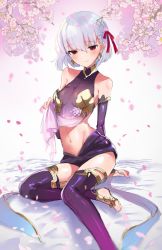 Rule 34 | 1girl, arm warmers, bare shoulders, cherry blossoms, clothes lift, collarbone, earrings, fate/grand order, fate (series), hair ribbon, highres, jewelry, kama (fate), kama (first ascension) (fate), katase bono, midriff, navel, petals, red eyes, ribbon, sandals, shirt, shirt lift, short hair, sitting, skirt, sleeveless, sleeveless shirt, smile, solo, thighhighs, white hair, zettai ryouiki