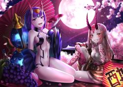 Rule 34 | 2girls, :d, artist name, bad id, bad pixiv id, bare shoulders, blonde hair, blurry, blurry background, collarbone, commentary request, cup, depth of field, earrings, facial mark, fangs, fate/grand order, fate (series), flower, food, forehead mark, fruit, full body, gourd, grapes, grin, headpiece, holding, horns, ibaraki douji (fate), japanese clothes, jewelry, kimono, lantern, long hair, looking at viewer, multiple girls, navel, night, night sky, oil-paper umbrella, oni, open clothes, open kimono, open mouth, paper lantern, pink flower, pointy ears, pouring, purple eyes, purple hair, purple kimono, red umbrella, revealing clothes, sakazuki, saruei, short hair, shuten douji (fate), shuten douji (first ascension) (fate), sitting, skin-covered horns, sky, smile, star (sky), starry sky, umbrella, very long hair, yellow eyes