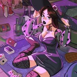 Rule 34 | 1girl, ace (playing card), ace of diamonds, ace of spades, adjusting clothes, adjusting headwear, black dress, black eyes, black footwear, black hair, black hat, black lips, black thighhighs, boots, bottle, breasts, card, cleavage, couch, cup, diamond (shape), disposable cup, dress, hands on headwear, hat, hat belt, highres, long hair, long sleeves, looking at viewer, medium breasts, naomoonz, neck ribbon, on floor, parted bangs, parted lips, phineas and ferb, playing card, print thighhighs, purple dress, ribbon, rug, running bond, see-through, see-through sleeves, short dress, sitting, skindentation, solo, spade (shape), spider web print, star (symbol), star print, thighhighs, thighhighs under boots, vanessa doofenshmirtz, wariza, witch hat, zettai ryouiki