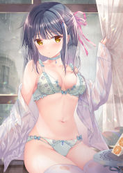 Rule 34 | 1girl, :t, absurdres, bare shoulders, black hair, bra, breasts, cameltoe, choker, cleavage, closed mouth, curtains, dengeki moeou, frilled bra, frilled panties, frills, front-tie bra, front-tie top, groin, hair ornament, hair ribbon, hairclip, half updo, hand up, has bad revision, has downscaled revision, highres, holding, lingerie, long hair, long sleeves, looking at viewer, md5 mismatch, medium breasts, nanami yuuno, navel, no pants, off shoulder, open clothes, open shirt, panties, petals, pout, resolution mismatch, ribbon, shirt, side-tie panties, sitting, solo, source smaller, sousouman, stomach, string bra, thighhighs, thighs, underwear, white bra, white choker, white panties, white shirt, white thighhighs, x hair ornament, yellow eyes