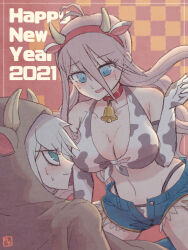 Rule 34 | 1boy, 1girl, 2021, :d, animal costume, animal ears, animal print, bare shoulders, blush, breasts, choker, cleavage, commentary request, cow costume, cow ears, cow horns, cow print, cowboy shot, danganronpa (series), danganronpa v3: killing harmony, elbow gloves, fake animal ears, fake horns, gloves, green eyes, grey hair, hair between eyes, hakusoto, hand up, happy new year, horns, iruma miu, k1-b0, large breasts, long hair, navel, new year, open clothes, open mouth, open shorts, plaid, plaid background, red choker, shorts, smile, stomach, sweat, sweatdrop, wavy mouth