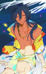 1boy black_hair blue_ribbon blue_trim closed_eyes closed_mouth commentary ensemble_stars! facing_viewer film_grain hair_between_eyes highres jacket long_bangs long_hair male_focus male_swimwear night no_shirt open_clothes open_jacket outdoors ribbon shiina_niki short_sleeves sitting smile solo swim_trunks tie_fei_wu_mang_dashuai yellow_jacket yellow_male_swimwear