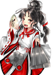 Rule 34 | 1girl, absurdres, black hair, blush, brown eyes, folded fan, commentary request, cowboy shot, folding fan, hair ornament, hair ribbon, hair tie, hand fan, headgear, high ponytail, highres, himura moritaka, japanese clothes, kantai collection, kariginu, long hair, long sleeves, looking at viewer, mask, miko, multi-tied hair, nisshin (kancolle), open mouth, red ribbon, ribbon, ribbon-trimmed sleeves, ribbon trim, short eyebrows, simple background, solo, teeth, thick eyebrows, upper teeth only, white background