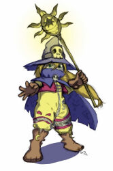 Rule 34 | blonde hair, boots, brown footwear, brown gloves, cape, digimon, digimon (creature), gloves, green eyes, hair between eyes, hat, holding, holding wand, purple cape, simple background, skull, standing, wand, white background, wizard, wizard hat, wizarmon