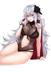 Rule 34 | 1girl, azur lane, baeg mi, black one-piece swimsuit, breasts, cleavage, finger to mouth, flower, graf zeppelin (azur lane), graf zeppelin (beachside urd) (azur lane), grey hair, hair flower, hair ornament, highres, large breasts, long hair, looking at viewer, one-piece swimsuit, red eyes, smile, solo, swimsuit, white background, white hair