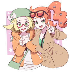 Rule 34 | 2girls, :d, bag, beret, bianca (pokemon), blonde hair, bow, brown coat, buttons, coat, collarbone, commentary request, creatures (company), dede (qwea 00000), eyewear on head, game freak, glasses, green bag, green eyes, green headwear, green nails, green shirt, hair ornament, hands up, hat, hat bow, heart, heart hair ornament, hood, hooded jacket, jacket, korean commentary, long hair, long sleeves, multiple girls, nail polish, nintendo, open clothes, open jacket, open mouth, orange hair, orange jacket, pokemon, pokemon bw2, pokemon swsh, red-framed eyewear, ribbed shirt, semi-rimless eyewear, shirt, short hair, shoulder bag, side ponytail, smile, sonia (pokemon), sunglasses, teeth, tongue, upper teeth only, v, white bow, white shirt