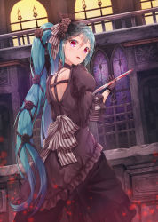 Rule 34 | 1girl, absurdres, black dress, black flower, black gloves, black ribbon, black rose, blood, bloody weapon, blue hair, bow, commentary request, dress, dutch angle, flower, frilled dress, frills, gloves, gothic lolita, hair between eyes, hair bow, hair flower, hair ornament, hair ribbon, hatsune miku, highres, holding, holding sword, holding weapon, indoors, lolita fashion, long hair, looking at viewer, looking back, lunacle, parted lips, puffy short sleeves, puffy sleeves, purple eyes, ribbon, rose, see-through, short sleeves, solo, stained glass, striped, striped bow, sword, twintails, very long hair, vocaloid, weapon, white bow, wide sleeves, window