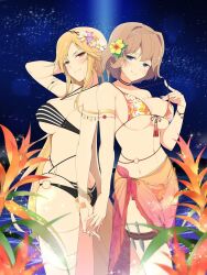 Rule 34 | 2girls, ass, bikini, bikini tug, blue eyes, bracelet, breasts, brown hair, butt crack, card (medium), character name, choker, cleavage, floral print, flower, front-tie top, hair flower, hair ornament, highres, holding hands, jewelry, kumi (senran kagura), kurohoro (senran kagura), large breasts, layered bikini, long hair, looking at viewer, multiple girls, naughty face, navel, night, night sky, o-ring, o-ring bottom, ocean, official art, orange hair, pulled by self, red eyes, sarong, seductive smile, see-through, senran kagura, senran kagura new wave, short hair, skindentation, sky, smile, standing, star (sky), starry sky, strap lift, striped bikini, striped clothes, swimsuit, third-party source, trading card, very long hair, yaegashi nan
