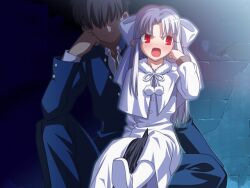Rule 34 | 1boy, 1girl, annoyed, blush, bow, capelet, character request, check character, child, gakuran, hair bow, long hair, looking to the side, melty blood, nanaya shiki, no eyes, on floor, open mouth, pantyhose, pointy ears, red eyes, school uniform, short hair, sitting, sitting on lap, sitting on person, smile, tohno shiki, tsukihime, tsundere, white hair, white len (tsukihime)