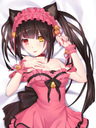 Rule 34 | 1girl, animal ears, bare shoulders, bell, black bow, black hair, bow, breasts, brown collar, cangqiong zhihen, cat ears, collar, collarbone, commentary request, date a live, dress, hair ornament, headdress, long hair, looking at viewer, lying, medium breasts, off shoulder, on back, pink dress, pink headwear, red eyes, sleeveless, sleeveless dress, smile, solo, tokisaki kurumi, tongue, tongue out, twintails, upper body, yellow eyes