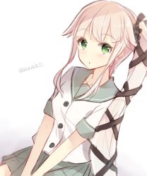 Rule 34 | 10s, 1girl, bad id, bad twitter id, blush, buttons, chestnut mouth, collarbone, cowboy shot, eyebrows, gradient background, green eyes, green skirt, hair flaps, hair ornament, hiiragi souren, kantai collection, long hair, looking at viewer, multicolored background, open mouth, pink hair, pleated skirt, ponytail, school uniform, serafuku, short sleeves, sidelocks, skirt, solo, twitter username, two-tone background, very long hair, yura (kancolle)