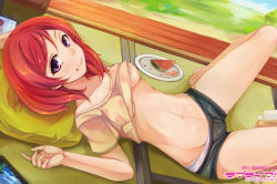 Rule 34 | 10s, 1girl, bad id, bad pixiv id, barefoot, breasts, clothes lift, food, food on face, fruit, kalian, legs, looking at viewer, love live!, love live! school idol project, lying, nishikino maki, on back, panties, purple eyes, red hair, shirt, shirt lift, short hair, shorts, solo, t-shirt, tablet pc, underboob, underwear, watermelon