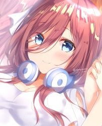 Rule 34 | 1girl, amedamacon, blue eyes, blush, breasts, brown hair, cleavage, closed mouth, commentary request, fingernails, go-toubun no hanayome, hair between eyes, hair ribbon, hand up, headphones, headphones around neck, highres, holding hands, interlocked fingers, long hair, looking at viewer, medium breasts, nakano miku, ribbon, shirt, smile, solo focus, twitter username, white ribbon, white shirt
