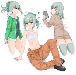 Rule 34 | 1girl, alternate costume, bad id, bad pixiv id, black footwear, blush, bow, brown eyes, cellphone, collarbone, commentary, covered navel, green bow, green hair, hair bow, hair down, highres, holding, holding phone, jumpsuit, kantai collection, long sleeves, midriff, multiple views, navel, nn tasu, one-piece swimsuit, open mouth, orange jumpsuit, parted lips, phone, ponytail, smartphone, sweat, swimsuit, tank top, thighhighs, white background, yuubari (kancolle)