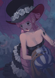 1girl black_dress blunt_bangs breasts brown_eyes cleavage doll dress drill_hair frilled_dress frills ghost gothic_lolita hat highres holding holding_doll holding_umbrella large_breasts lolita_fashion long_hair one_piece perona pink_hair shoulder_tattoo sleeveless sleeveless_dress solo strapless strapless_dress tattoo top_hat umbrella umigame_2000 very_long_hair