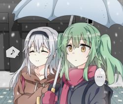 Rule 34 | ..., 2girls, commentary, contemporary, expressionless, closed eyes, girls&#039; frontline, green hair, hairband, hand on another&#039;s arm, happy, korean commentary, long hair, m950a (girls&#039; frontline), multiple girls, musical note, outdoors, shared umbrella, sidarim, smile, snow, snowing, spoken ellipsis, spoken musical note, sweatdrop, thunder (girls&#039; frontline), twintails, umbrella, upper body, white hair, yellow eyes
