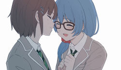 Rule 34 | 2girls, :d, ^ ^, asahi rokka, bang dream!, black-framed eyewear, blazer, blue hair, blush, brown hair, clenched hands, closed eyes, face-to-face, glasses, green neckwear, grey jacket, hair ornament, hair over shoulder, hair scrunchie, hairclip, hands up, haneoka school uniform, jacket, lock (bang dream!), long hair, low-tied long hair, multiple girls, necktie, open mouth, own hands together, red scrunchie, school uniform, scrunchie, shibasaki shouji, short hair, simple background, smile, striped neckwear, toyama asuka, upper body, white background, yuri