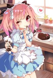 Rule 34 | 1girl, apron, bat ornament, black bow, blue skirt, bow, cowboy shot, facial mark, finger to mouth, food on hand, hair bow, heart, heart-shaped cake, highres, holding, indoors, iriam, kitchen, licking, licking finger, looking at viewer, medium hair, miniskirt, one eye closed, pink eyes, pink hair, puffy short sleeves, puffy sleeves, saeki touma, shirt, short sleeves, skirt, smile, solo, spoken heart, striped clothes, striped shirt, tongue, tongue out, two side up, valentine, virtual youtuber, white apron, white headdress, yumemi tete