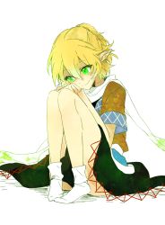 Rule 34 | 1girl, 6 (yuchae), blonde hair, blouse, glowing, glowing eyes, green eyes, hands on own knees, highres, legs together, mizuhashi parsee, own hands together, pointy ears, scarf, shirt, short hair, sitting, sketch, skirt, smile, socks, solo, touhou, white background