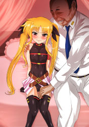 Rule 34 | 1boy, 1girl, artist request, bed, black leotard, black thighhighs, blonde hair, blush, cameltoe, closed mouth, covered erect nipples, fate testarossa, hair ornament, hair ribbon, highres, imminent rape, indoors, leotard, long hair, looking at viewer, lyrical nanoha, mahou shoujo lyrical nanoha, mahou shoujo lyrical nanoha a&#039;s, microskirt, on bed, pink skirt, red eyes, ribbon, skirt, thighhighs, twintails