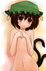 Rule 34 | 1girl, animal ears, bad id, bad pixiv id, brown eyes, brown hair, cat ears, cat girl, cat tail, chen, earrings, female focus, groin, hat, jewelry, kochiya, kochiya (gothope), multiple tails, navel, nude, out-of-frame censoring, short hair, solo, tail, touhou